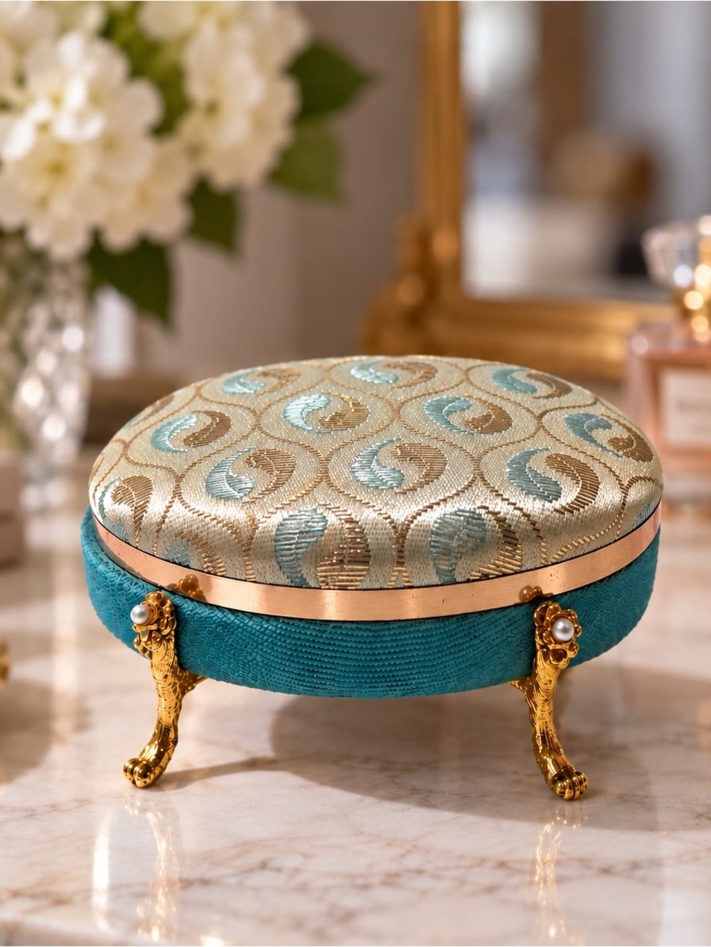 Vintage Hollywood Regency Jewelry Box Teal Gold Brocade Footed Vanity Trinket